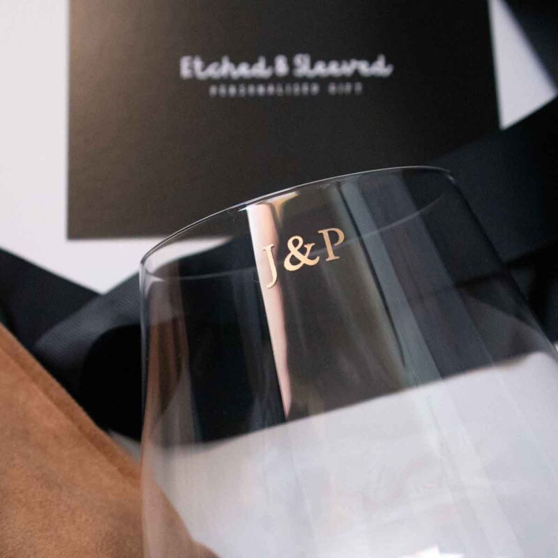 Classic Monogram Personalised Wine Glass with gold detailing - Etched & Sleeved