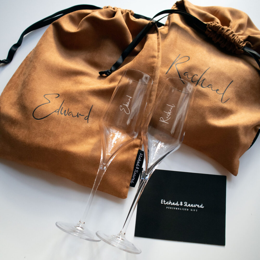 The Script Personalised Champagne Flute Set- Etched & Sleeved